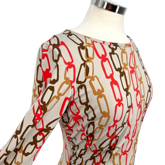 J. McLaughlin Chain Print Dress 3/4 Sleeve Draped Waist Gray Multi Size Medium - Picture 5 of 13